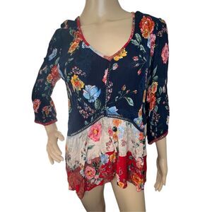 Bila Boho Colorful Floral Pattern Long Sleeve V-Neck Blouse